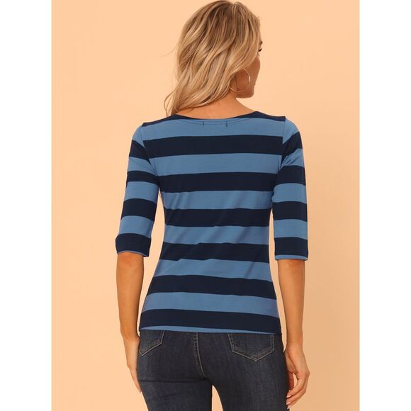 Elbow Sleeves T-shirt Casual Boat Neck Slim Fit Tee Blue - Picture 4 of 5